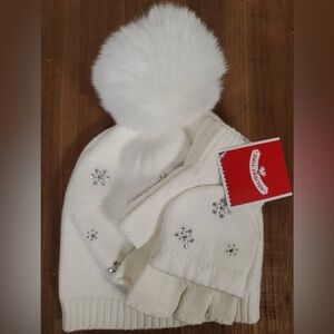 Rhinestone Snowflake Hat & Gloves Set - White Open Finger Texting Women's NEW